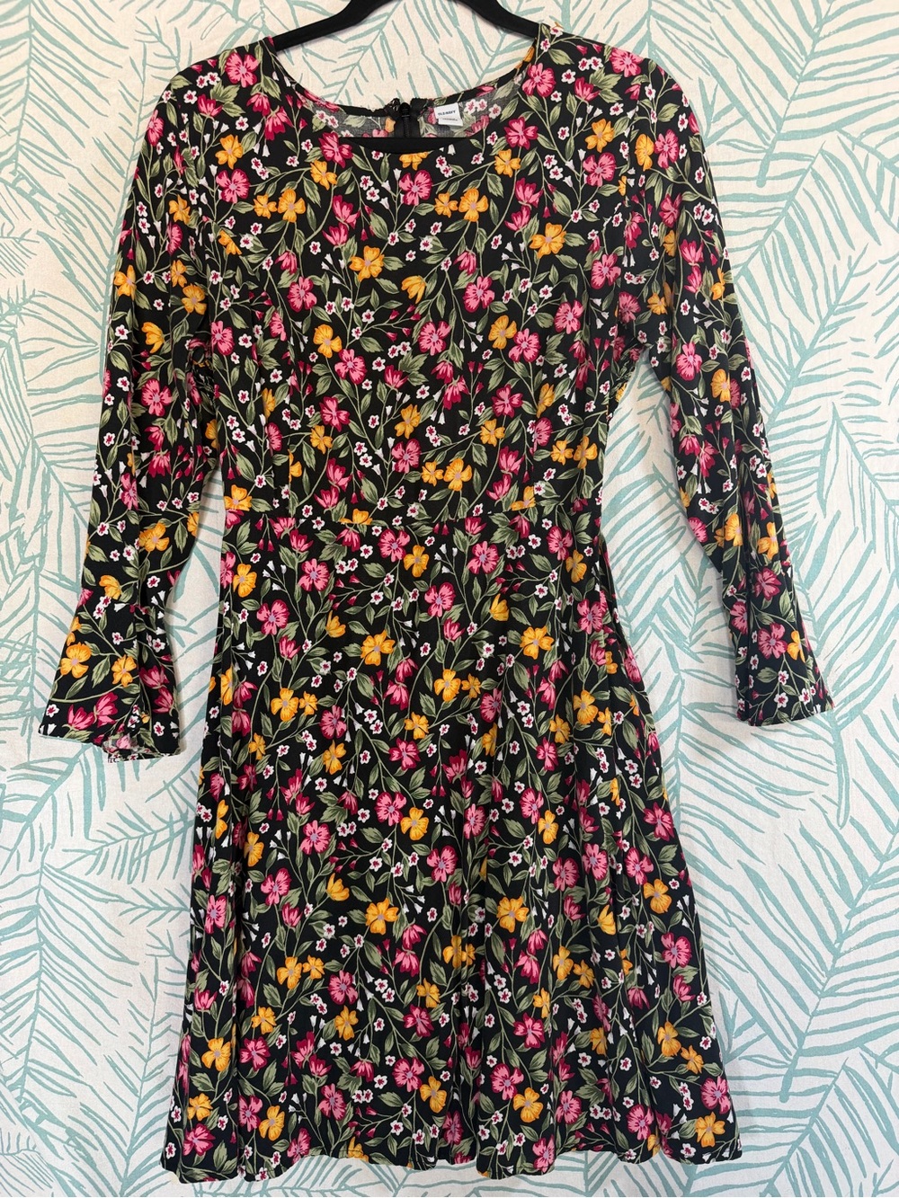 Old Navy Black Floral Long Sleeve Fit-and-Flare Dress